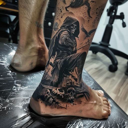 Foot tattoos in the style of Humberto Ramos with dynamic action scenes