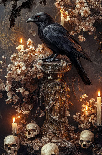 Raven on ornate vial, surrounded by flickering candles and delicate flowers, skulls scattered. Dark fantasy digital art, gothic style, vintage oil painting style, highly detailed, ultra realistic.