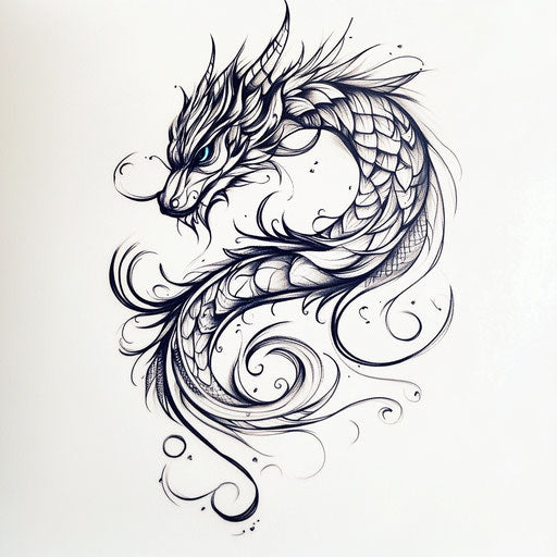 Tribal dragon tattoo with intricate lines on white background