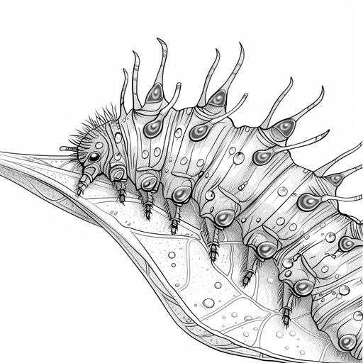 Caterpillar on a leaf with dew drops