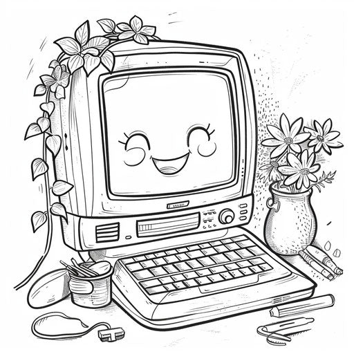 Whimsical cartoon computer with a smiling face on the screen
