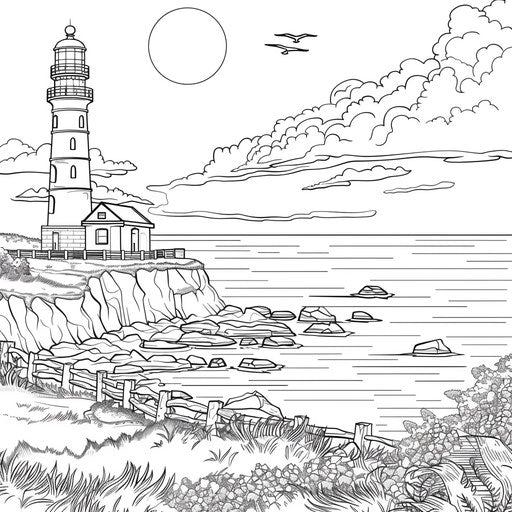 Lighthouse by the sea. Coloring book page