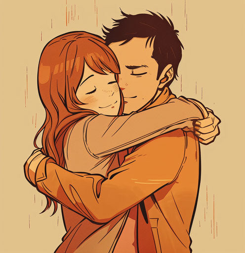 Ironic embrace under light orange and maroon