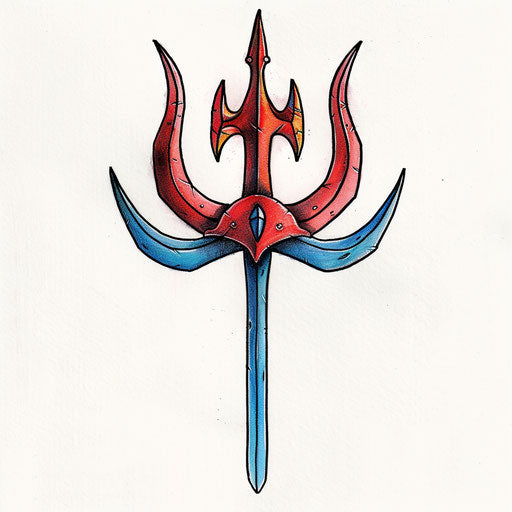Cartoonish trident tattoo design in bright primary colors