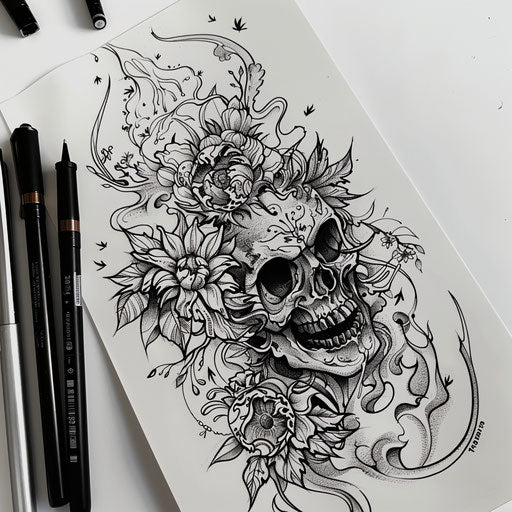 Neo-traditional flat tattoo sketch of a shinigami with ornate Japanese floral motifs