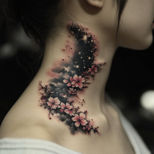 Japanese cherry blossom tattoo on neck with celestial backdrop