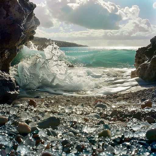 Glass beach with waves crashing on shore