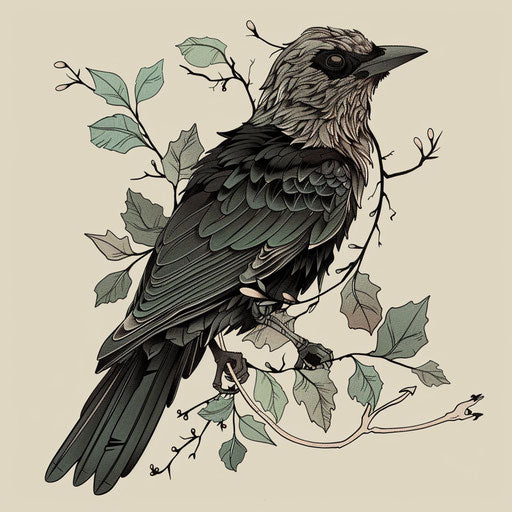Nature-themed tattoo sketch of a blackbird with leafy green vines