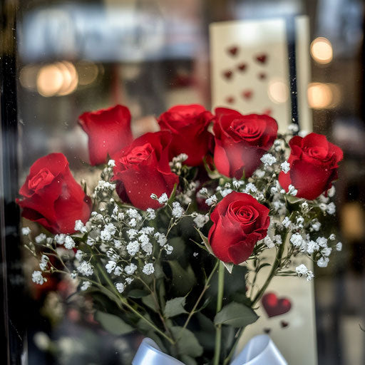 Bouquet of red roses and baby's breath with Valentine's Day cards and white ribbon
