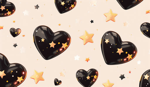 Flying black hearts with golden stars, artistic style
