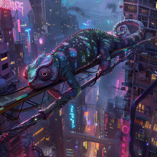 Futuristic chameleon robot adapting color in cyberpunk cityscape