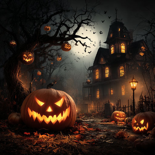 Glowing Pumpkins and Haunted House on Halloween Night