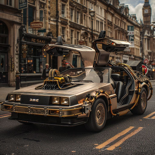 Steampunk car in Victorian street in London