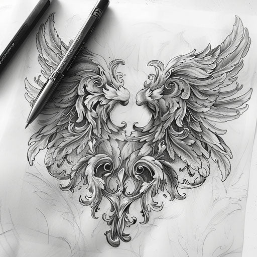 Detailed baroque-inspired wings tattoo sketch with luxurious swirls, presented on a white surface