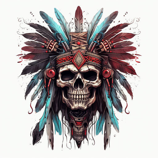 Skull with Indian Indian, Tribal Slayer, and Native American Skull, in Chillwave, Rusticcore, Realism Style