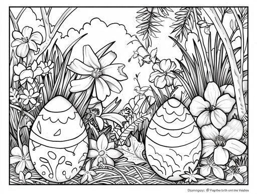 Easter coloring page with eggs and flowers, heavy inking style