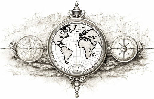 World map tattoo ink in American Barbizon School style