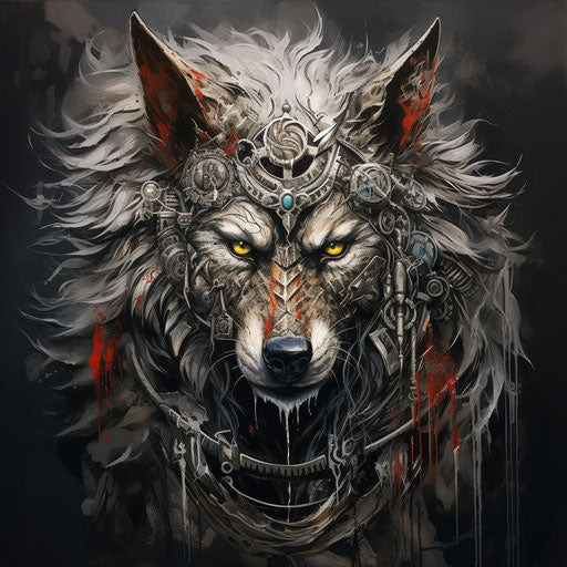 Metallic wolf with feathers, graffiti and knightcore