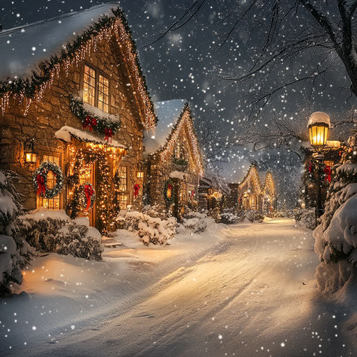 Snowfall on charming village adorned with Christmas lights and wreaths on doors