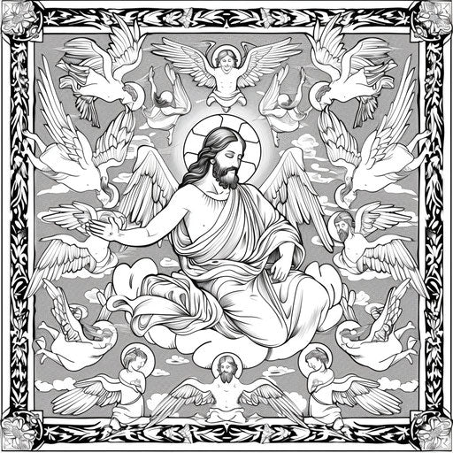 Jesus surrounded by angels. Coloring book page