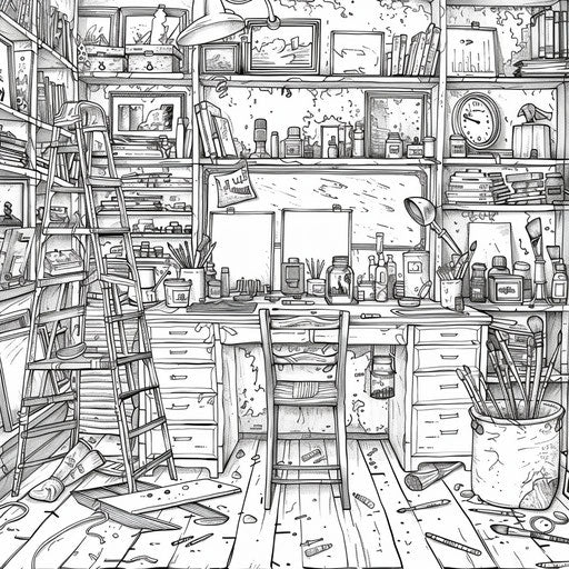 Artist's studio with canvases and paints scattered around