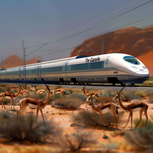 The high-speed train named "The Gazelle" racing through a gazelle-populated landscape