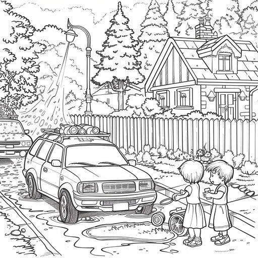 Children washing a sunny car in a driveway