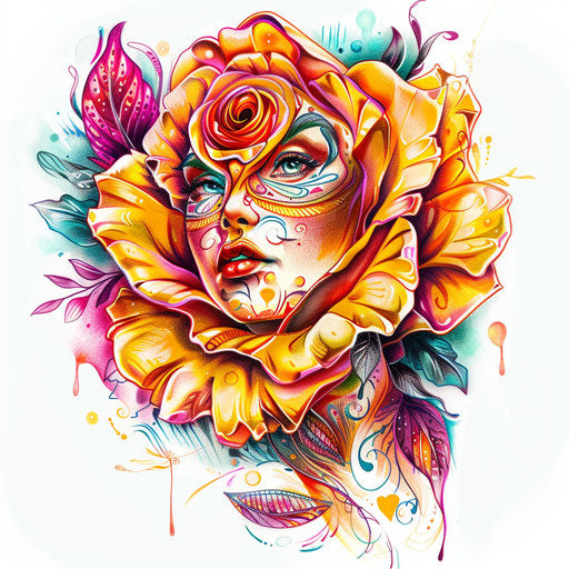 Whimsical tattoo sketch of an amber rose with cartoonish features and bright, playful colors in a clipart style