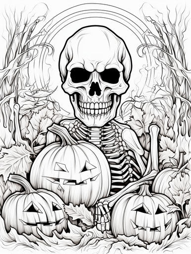 Halloween coloring page with pumpkins and skeletons