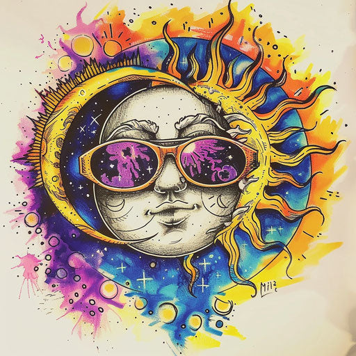 Retro tattoo sketch of a sun and moon wearing sunglasses, bright and bold colors