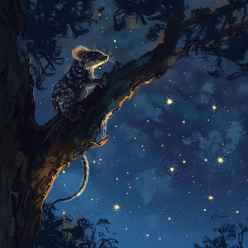 Possum climbing tree under starry sky, Aaron Blaise style