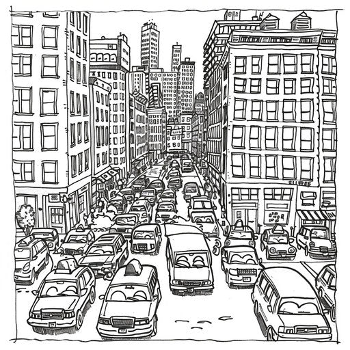 Busy street scene with simple buildings and cars, coloring book style