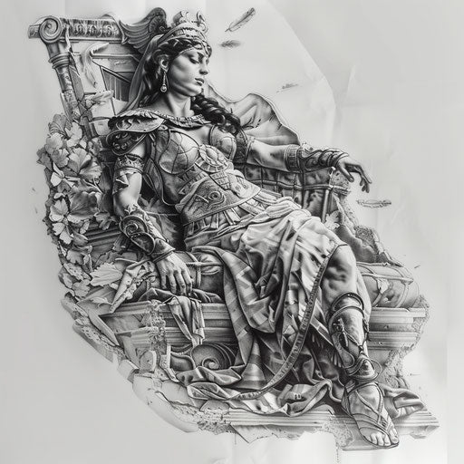 Cleopatra's death tattoo scene, dramatic and detailed in gray scale on white.