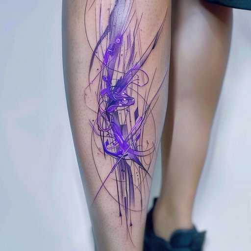 Futuristic lilac tattoo with neon purple lights on white background