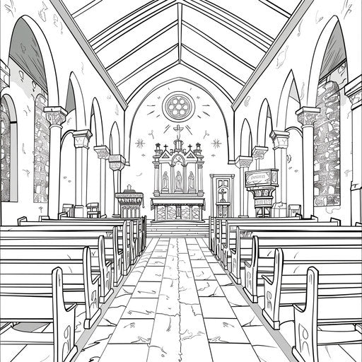 Detailed interior of a church with pews and an altar. Coloring page