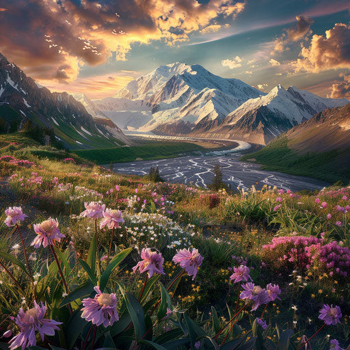 Denali with blooming wildflowers, spring landscape, in the style of Max Rive