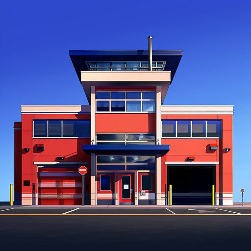 Realistic fire station clipart on royal blue background