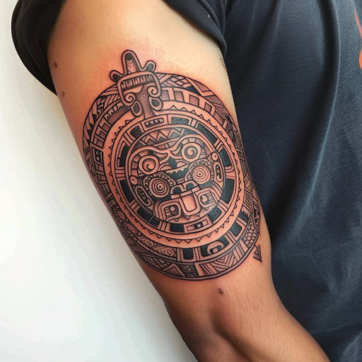 Elegant Mayan pottery design tattoo, intricate details in black and terracotta