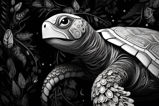 A tribal turtle in black and white, rococo-inspired details