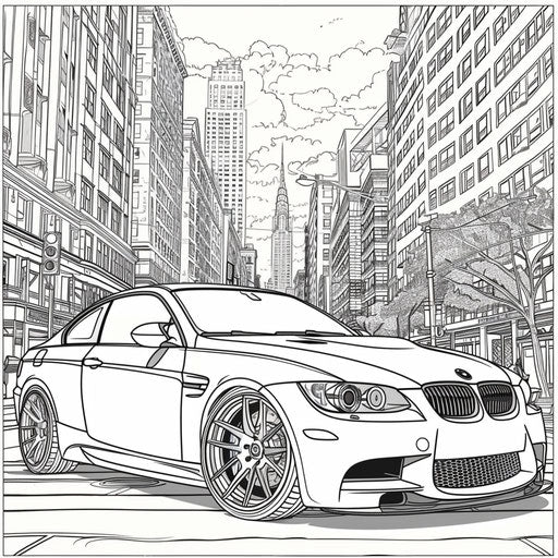 A BMW car in a detailed urban landscape with intricate buildings
