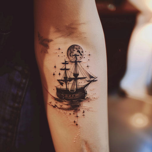 Pirate ship tattoo with moon and stars in minimalist style