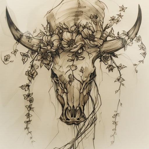 Bull skull tattoo with flowers and vines