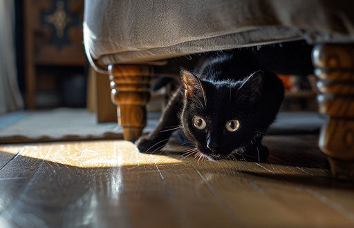 Black cat in a living room searching for a mouse, AP style photo, shiny eyes 17:11