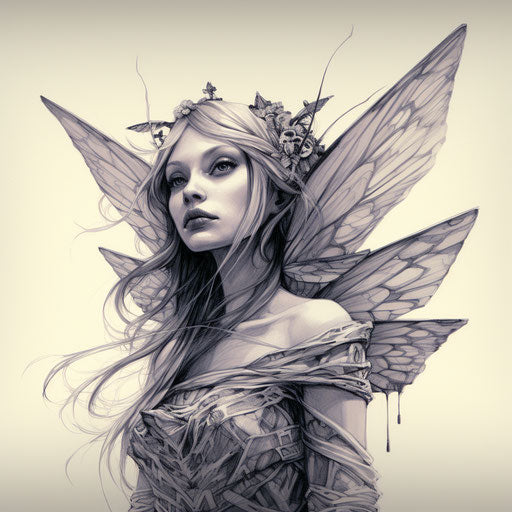 Fairy and wings on grey background, characterful pen and ink style, rtx on, flickr, bold, cartoonish lines, commission for, sketchfab
