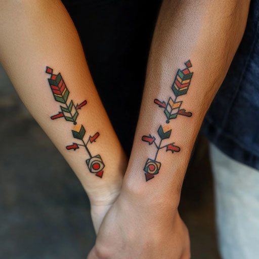 Matching small tattoos of tribal armbands in Sailor Jerry style