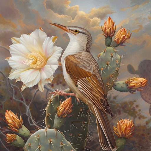 Serene beauty of a yellow billed cuckoo perched on a cactus flower