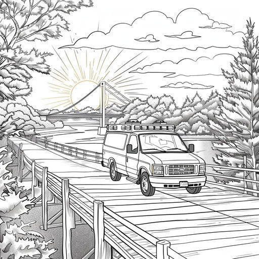 An ambulance crossing a bridge with a beautiful sunset in the background. Coloring book page
