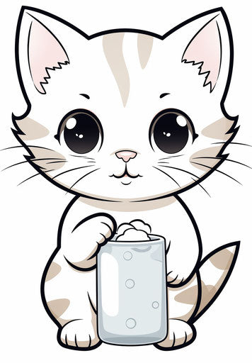 Kawaii kitty coloring pages with milk, in the style of comic art