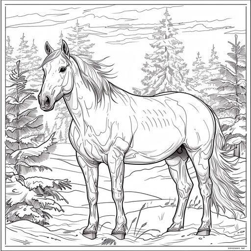 Horse in snowy landscape with fir trees around. Coloring page