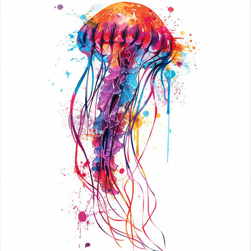Abstract jellyfish tattoo, splashes of color on white background